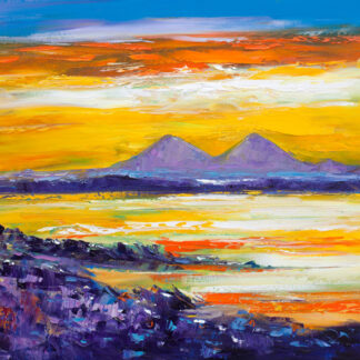 A vibrant painting of a lighthouse by the sea with a colorful sunset sky and a silhouette of mountains in the background. By John Lawrie Morrison OBE